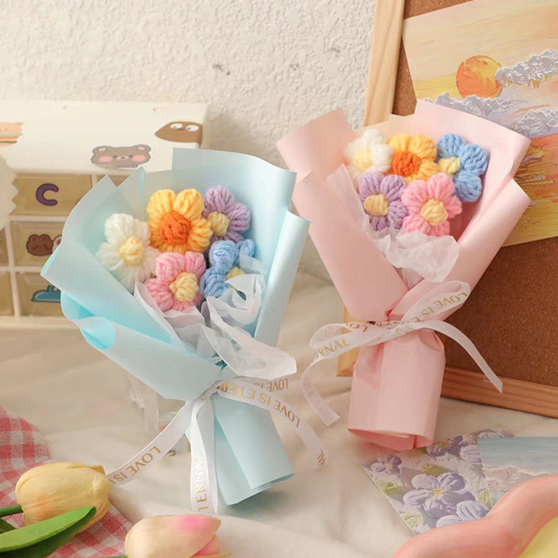 Mini buquê de flores de tricô feito à mão, buquê de flores de crochê com acabamento, caixa de presente para festa de casamento, acompanha buquê pequeno