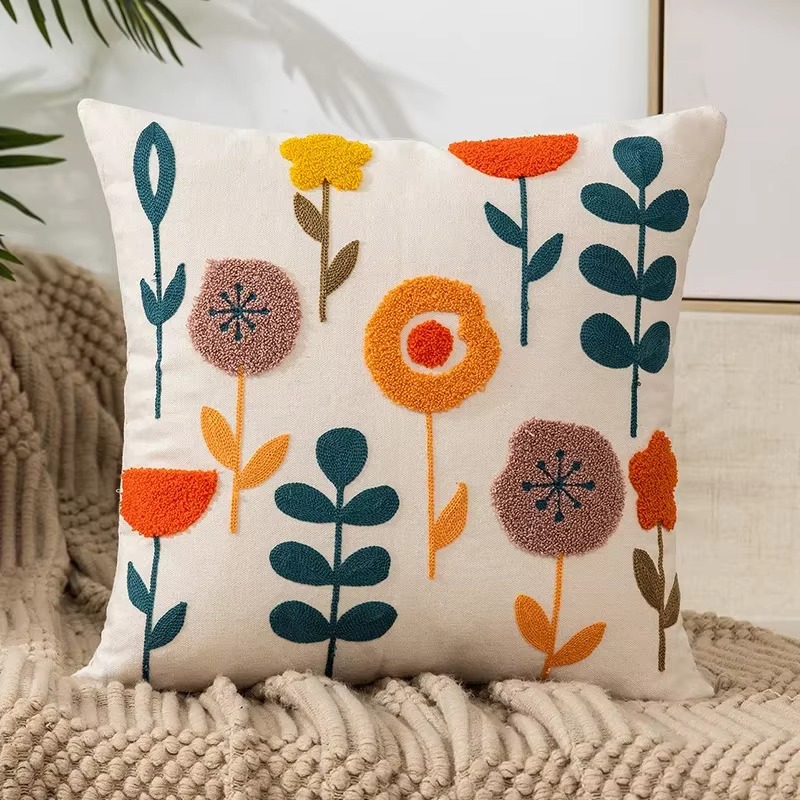 45X45CM Bloem Geborduurde Sierkussen Cover Plant Handdoek Moderne Stempelen Taille Kussenhoes Decor Home Decoratieve kussensloop: Rood