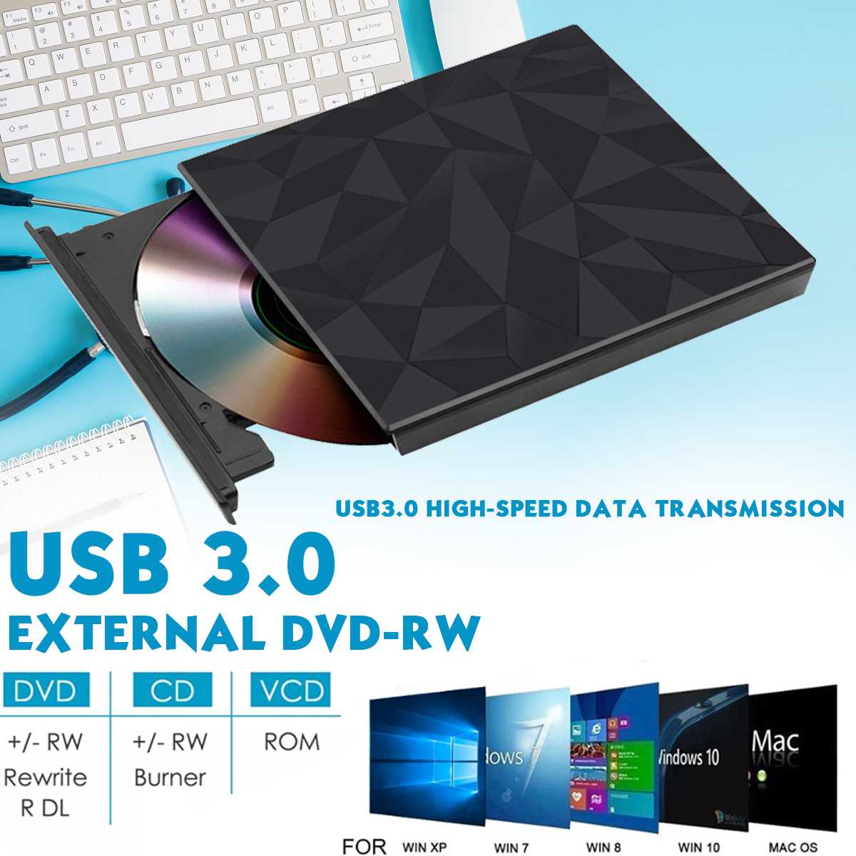 Externe Dvd Drive USB3.0 Type C & Usb DVD-RW CD-RW Cd Rewriter Brander Draagbare Optische Drive Speler Voor Pc Laptop macs Os