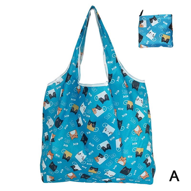 1Pc Foldable Shopping Bag Reusable Travel Grocery Bag Eco-Friendly Cute Animal Printing Supermarket Tote Bag: Beige