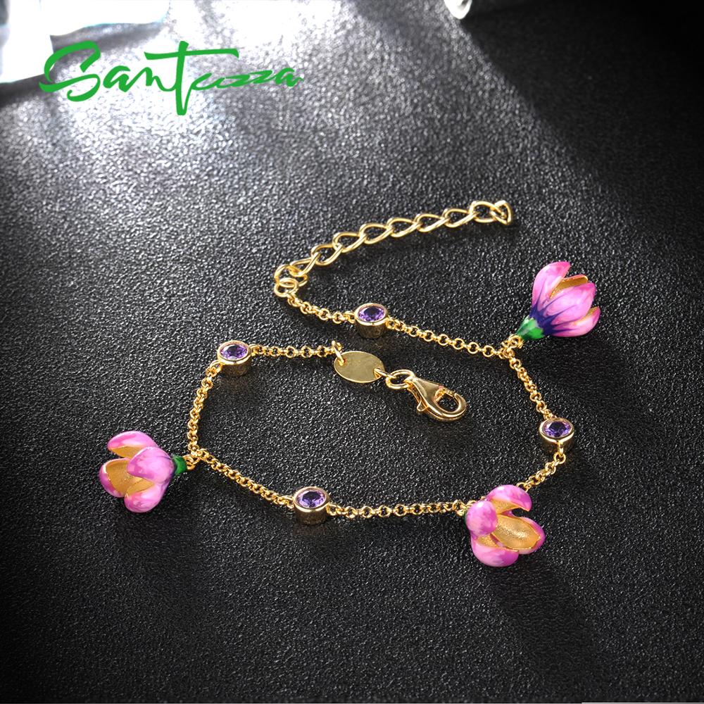 )Zza bracciale in argento per donna argento Sterling 925 elegante fiore rosa regolabile Color oro gioielleria raffinata smalto fatto a mano