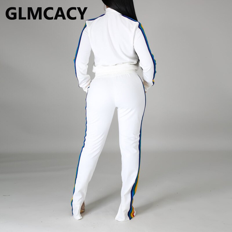 Vrouwen Side Regenboog Gestreepte Twee Stuk Past Regualr Rits Jas & Slit Broek Set