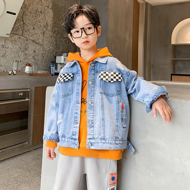 4-14 jahre Teenager freundlicher Jungen Jeans Mantel gerissen See Patchwork Denim Jacken Jungen Alle-spiel lässig Spitzen Frühling Herbst Kleidung