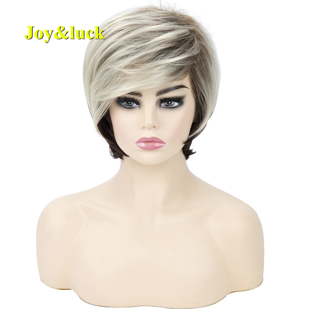 Short Ombre Blonde Wig Synthetic Bob Straight Hair With Bangs Women Natural Daily Wear Wig