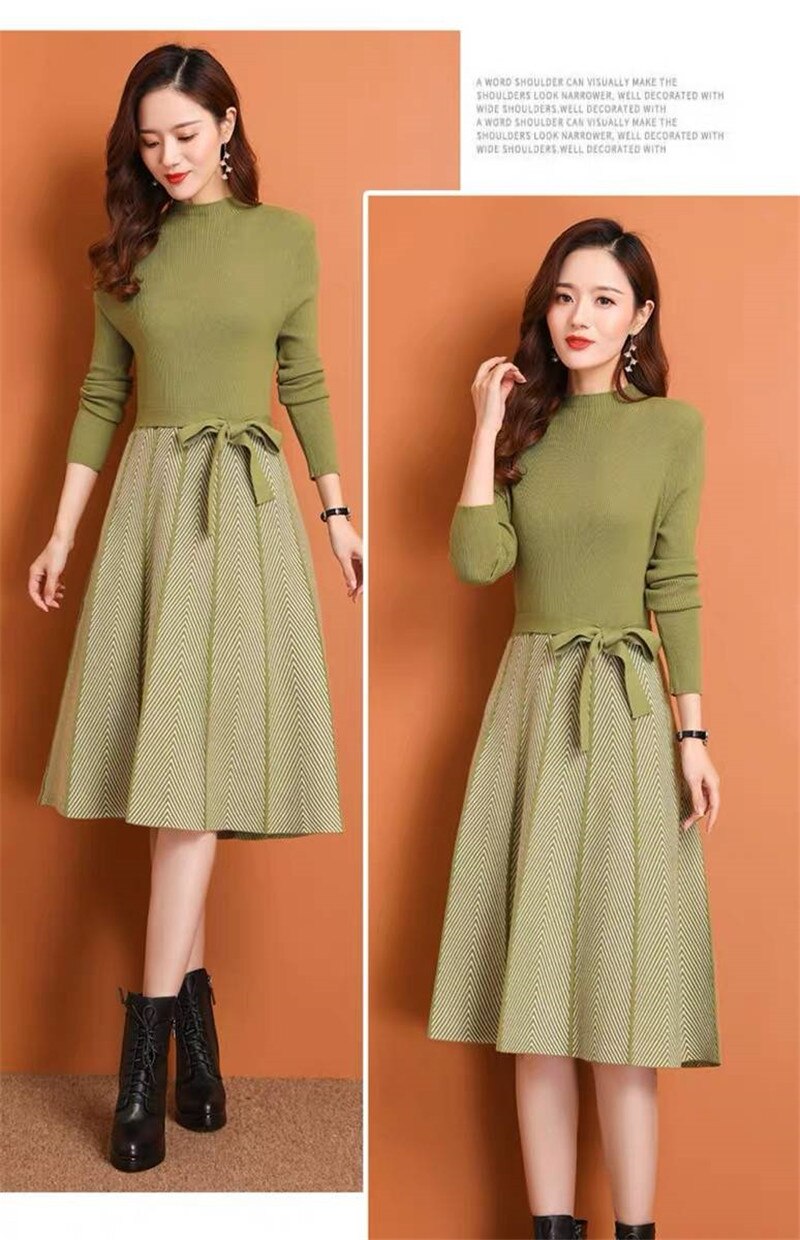 Knitted Sweater Pleated Dress Female Autumn Winter Dress Long Sleeve Sweater Women Dress Office Lady Casual Midi Dress