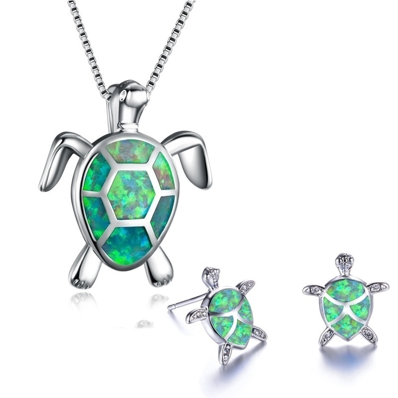 Classic Cute Sea Turtle Necklace Earrings jewelry set Trendy Animal Fire Opal Stud Earring for girl women best: green
