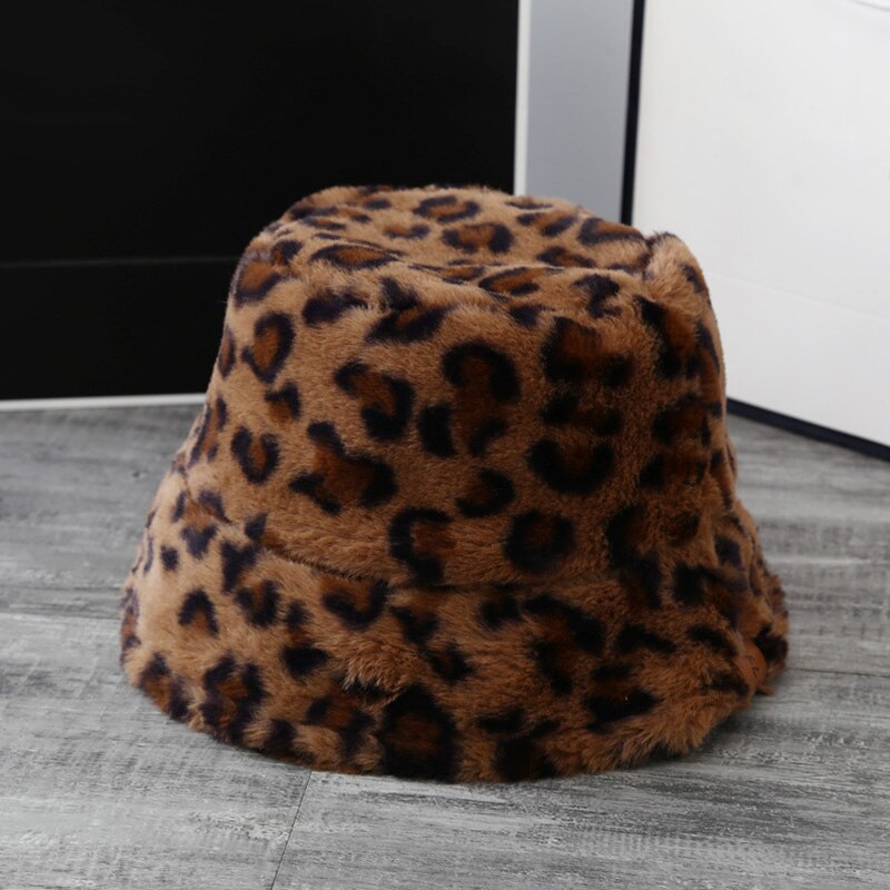 Korea kvinder efterår vinter vintage leopard plys bucket cap faux fur plys sød dejlig fisker hat varm kasket dame