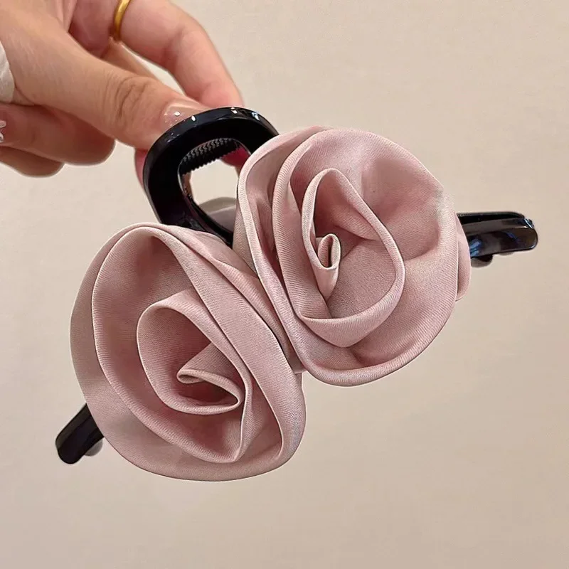 Pinzas en forma de garra para el pelo con flor de Rosa doble francesa para mujeres y niñas, accesorios para el pelo de tiburón hechos a mano de tela sólida satinada Vintage, nuevos: Azul cielo