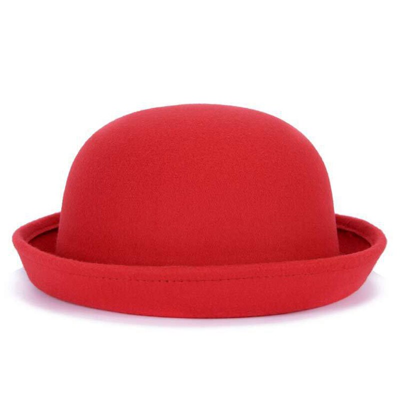 Förälder-barn bowlerhatt ullfilt fedora hattar för kvinnor flickor barn solid katt öra formell keps trilby sombrero derby: Kupol röd / 54cm
