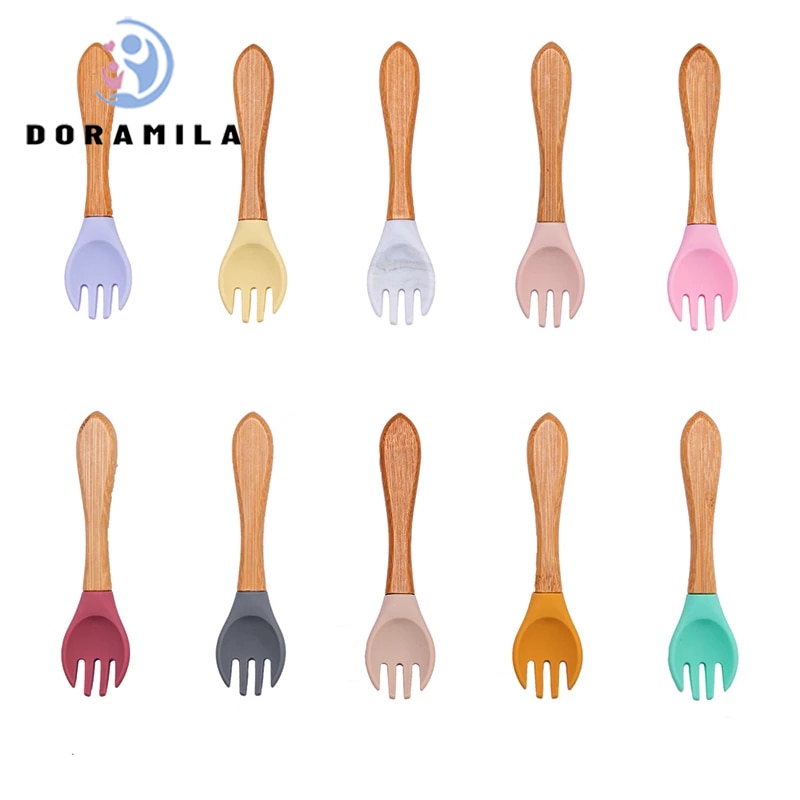 1pc Holz Silikon Baby Löffel Gabel Sicherheit Fütterung Geschirr Umwelt freundliche Kleinkind Baby Fütterung Zubehör Utensilien