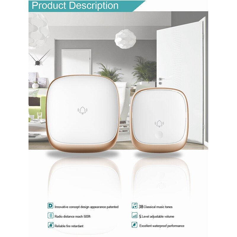 Wireless Doorbell Waterproof Self-Powered Smart Door Bell Home No Battery Required Cordless Ring Dong US Plug