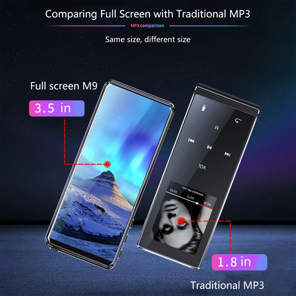 3.5Inch Full Screen Touch Bluetooth MP3 Player 8GB Memory Portable HiFi Lossless Sound Music Player with FM Radio Voice Recorder
