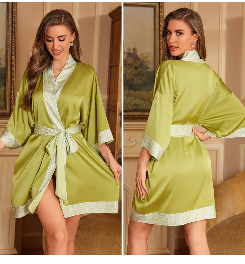 Seide Kunstseide V-Ausschnitt Kimono Kleid Kleid Frauen elegante kurze Bademantel Nachtwäsche Dame Party Salon tragen Nachthemd: Gold