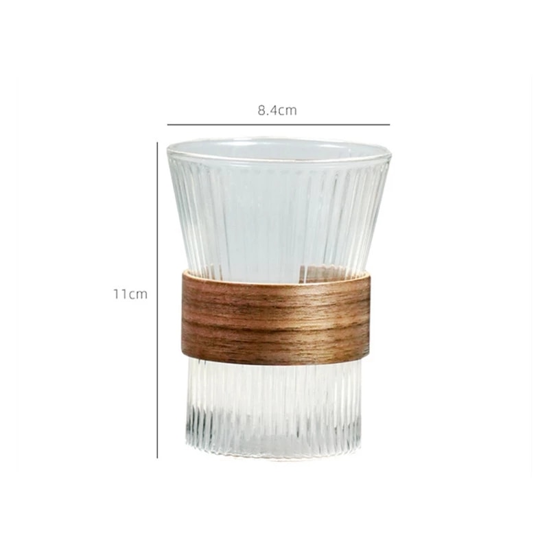 Vertical lines Glass Coffee Cup Reusable Coffee Mug with Wood Sleeve Japanese Style Glassware for Tea Latte Americano Cappuccin