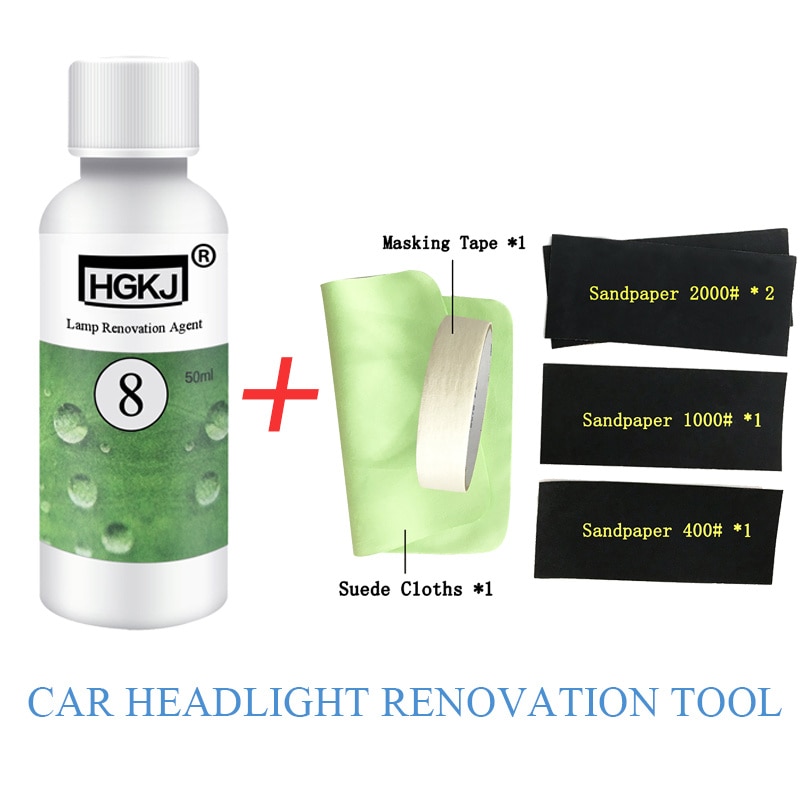 Hgkj bil strålkastare reparation renoveringsverktyg hgkj -8-50ml lampa polermedel + rengöring trasa sandpapper kit universal auto care tools