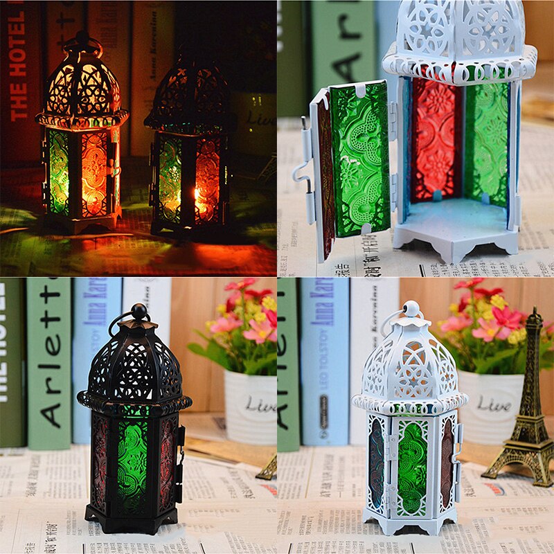Negro/Blanco farol marroquí té luz vela titular caja colgante decoración