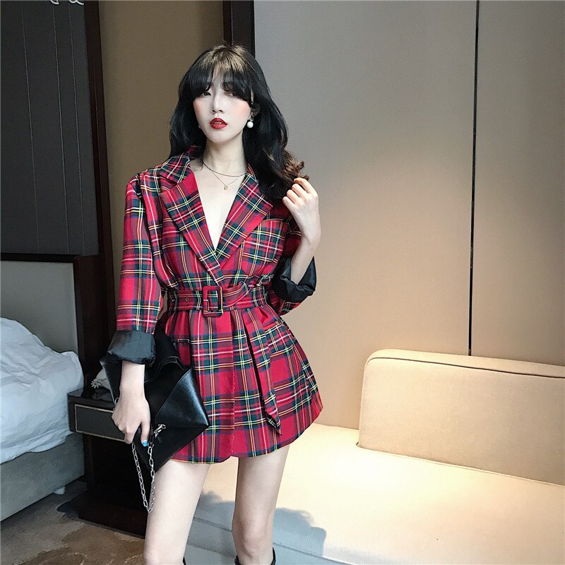 Blazer rouge à manches longues pour femmes, veste de costume ample, Chic, Vintage, Style coréen, Plaid, ceinture, Slim, C92, printemps