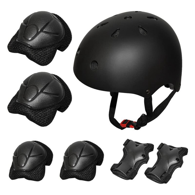 Casco de seguridad para niños, conjuntos de rodilleras para ciclismo, patines y rodilleras, Protector de 7 piezas para niños y niñas, deportes al aire libre: Black