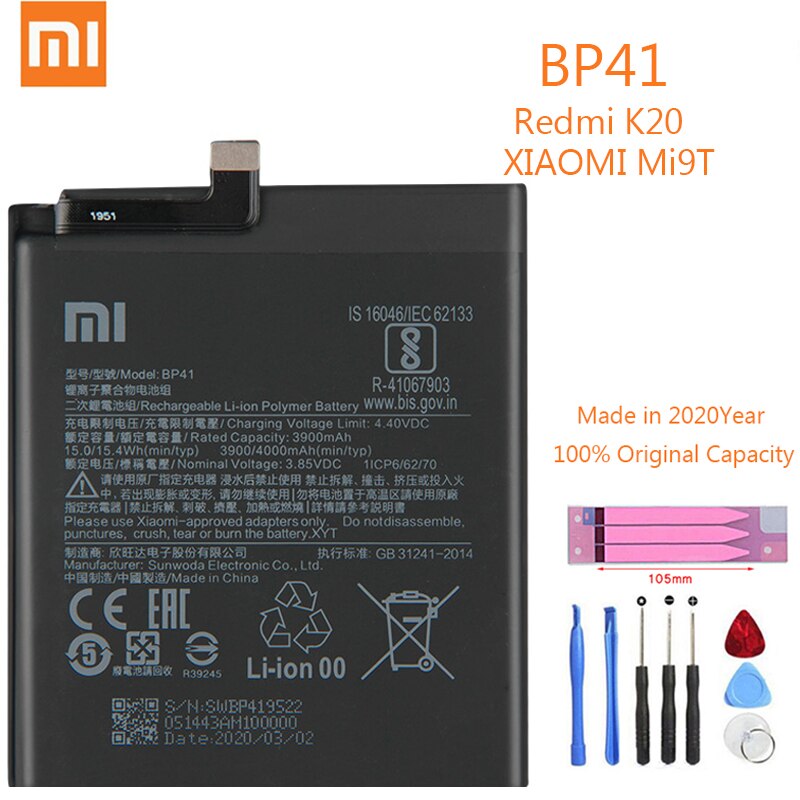 Bn3a bn4a bp40 bp41 original xiaomi redmi k20 pro/mi9t pro bateria de substituição para xiomi hongmi go k20 mi9t nota 7 baterias: BP41 Redmi K20