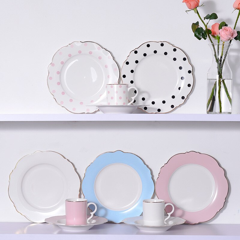 Ceramic Plate Pink Wave Point Simple Flat Plate Western Steak Plate Girl Heart Set Irregular Golden Girl