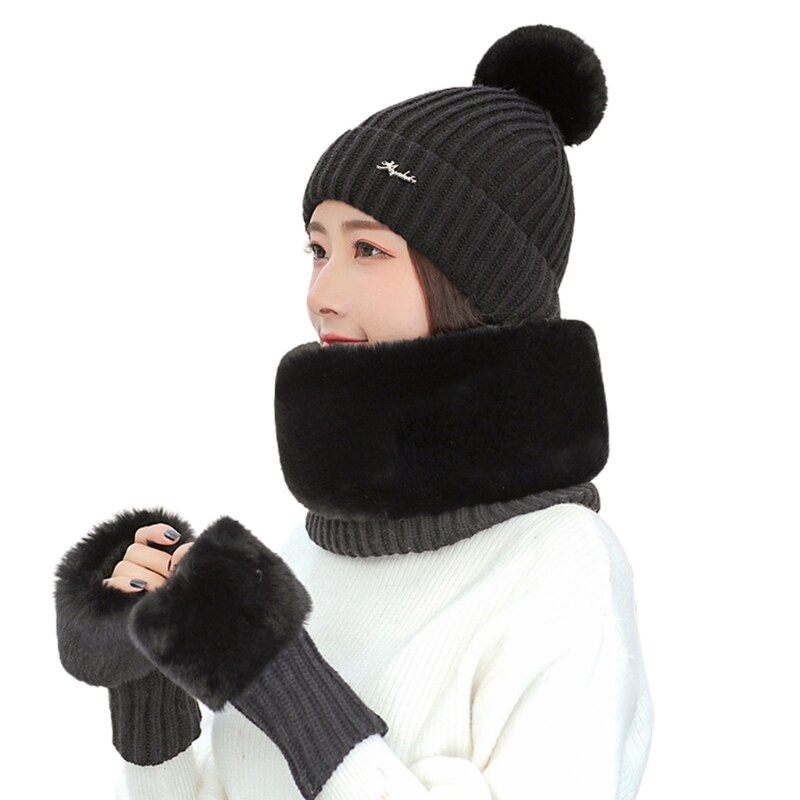 Dames winter 3 stuks pompom muts harige cirkel sjaal vingerloze handschoenen set  x7jb: Zwart