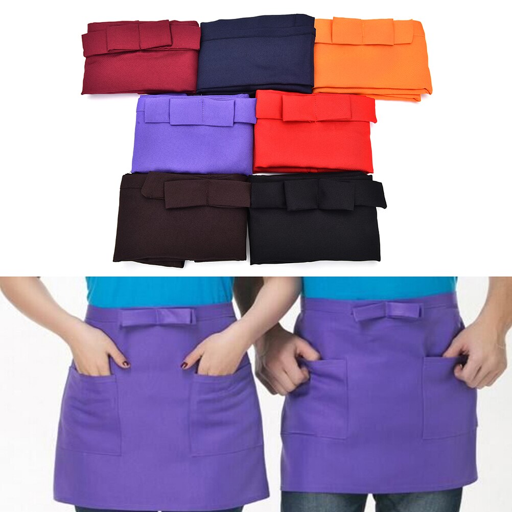 Black Waterproof Half Apron Catering Baking Bar Hotel Waiter Kitchen Home Apron 2 Pocket Ladies Mens Cotton Short Waist Chefs