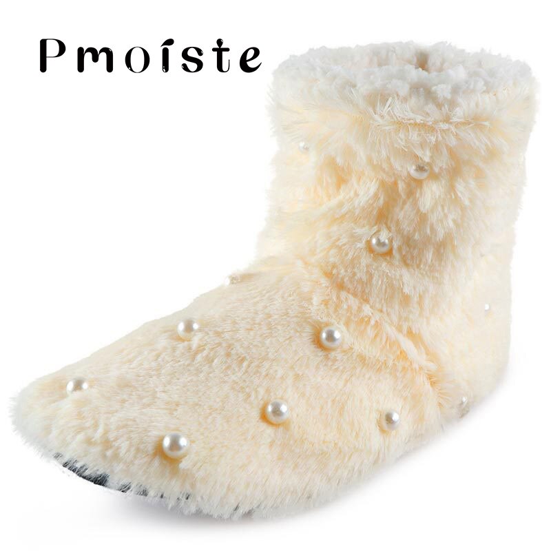 Kvinner tøfler pels sklier vinter korall fleece innendørs gulv sko varme lodne myke tøfler perle plysj sko: Beige / 4.5