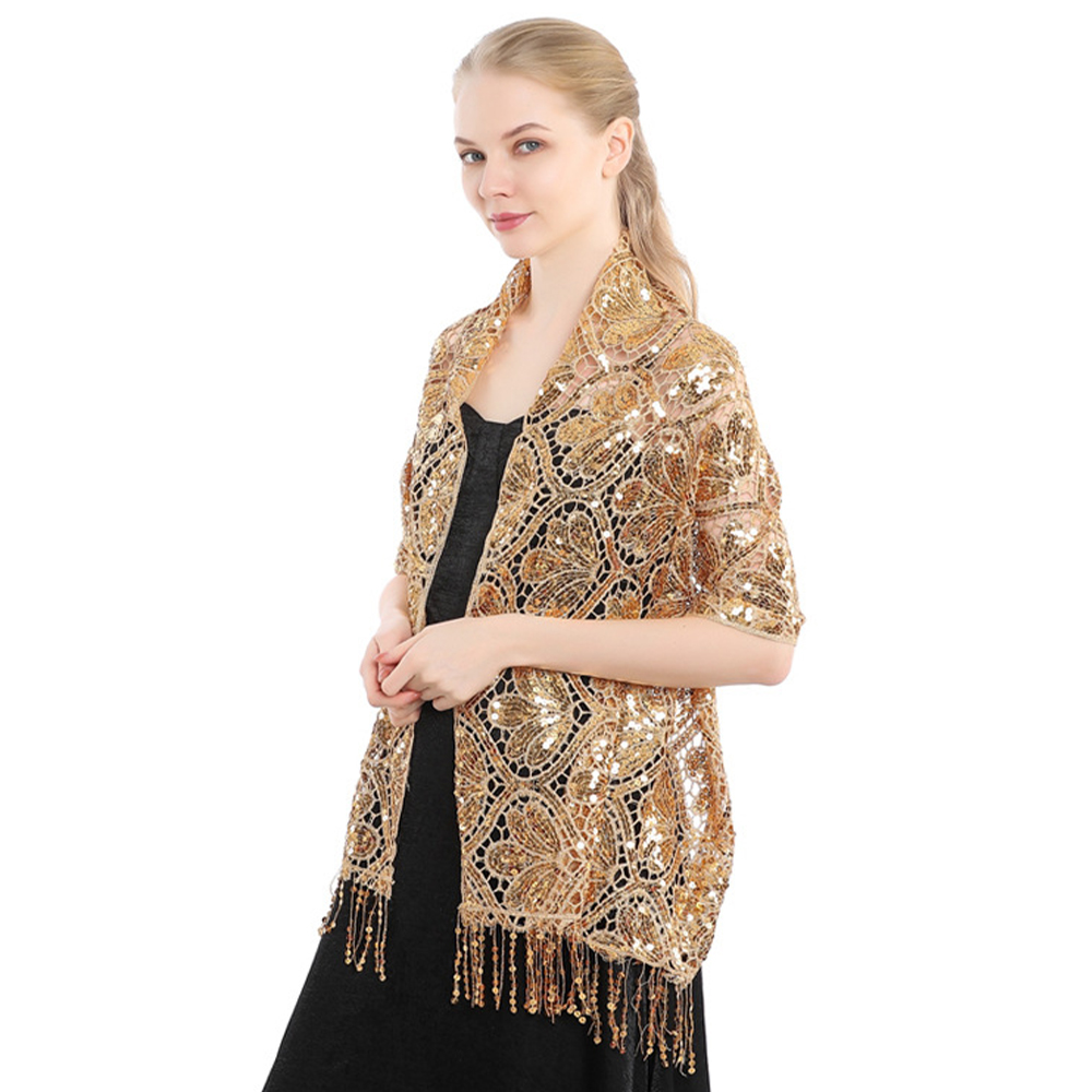 Scialle di pizzo con paillettes vuote da sposa da donna di lusso avvolgere il partito femminile lucido luccichio stola sciarpa da ballo con nappa