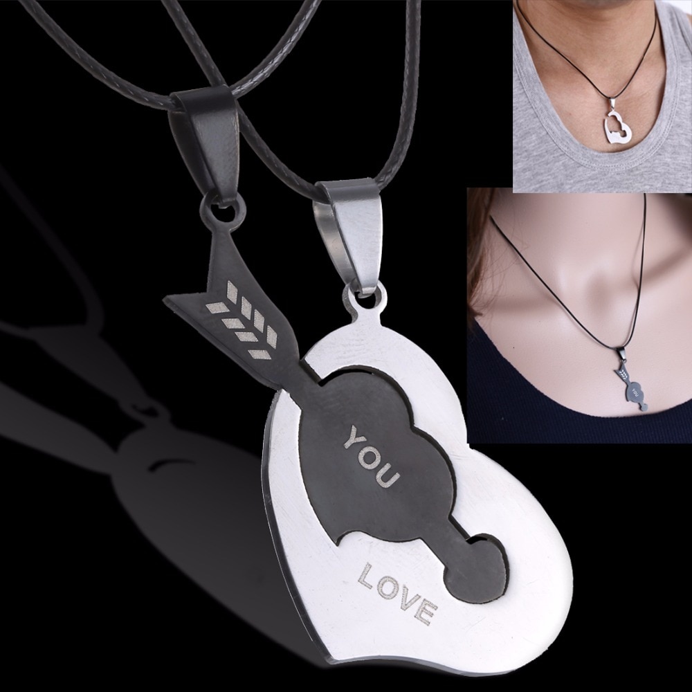 Couples Pendant Necklaces For Women Men Leather Rope Stainless Steel Puzzle Black Arrow Heart Necklace Charms Jewellery