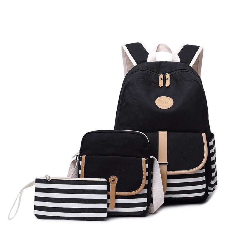 3 stks/set Canvas Fringe Vrouwen Rugzak Student Boek Tas met Portemonnee Laptop College Rugzak Vrouwelijke Schooltas voor Tiener Meisjes: Black