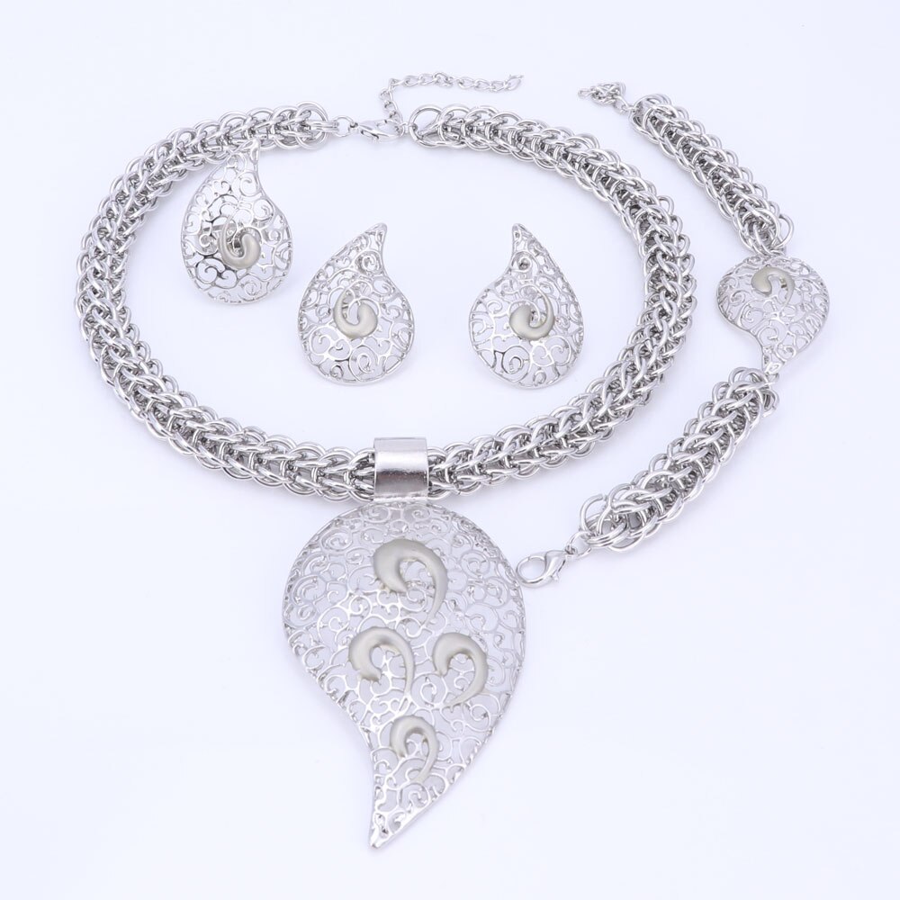 Cor do ouro conjunto de jóias traje design grande pingente colar conjunto de presente de noiva nigeriano casamento contas africanas conjunto de jóias: Silver