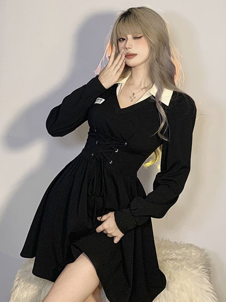 Zoki koreansk oversize 4xl sort kjole til kvinder snørebånd preppy kjole afslappet retro minikjole med a-linje og nedadgående krave