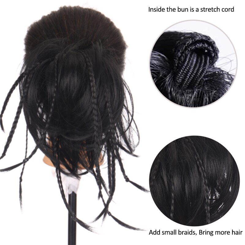 DIANQI Synthetic Messy Bun With Small Braided Hair Straight Chignon Elastic Messy Scrunchies Wrap Ponytail Extension For Women