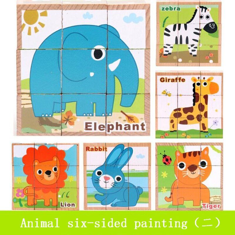 en bois dessin animé Animal Puzzle jouets unique 6 côtés sagesse Puzzle éducation précoce apprentissage jouets pour enfants jeu: Animal 2