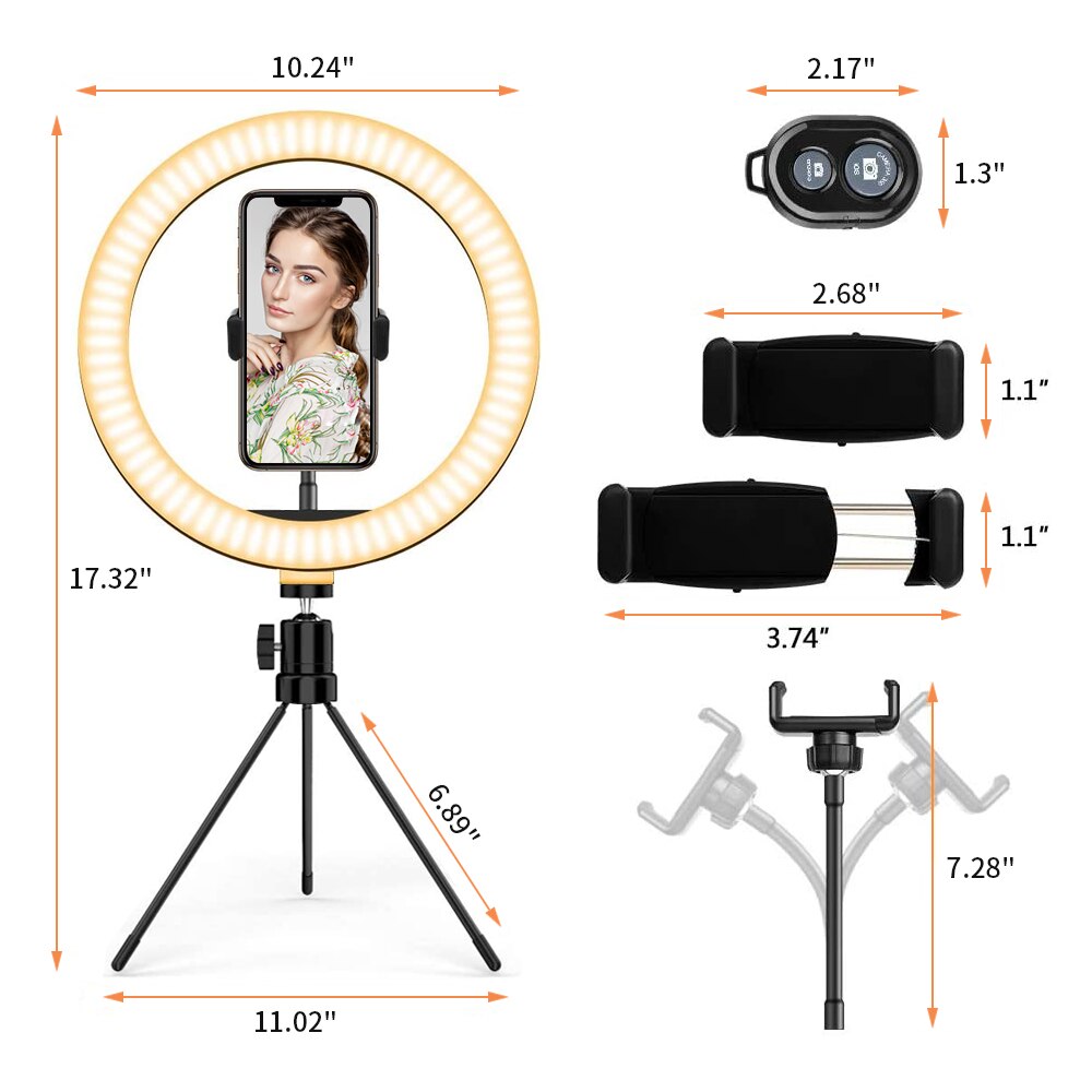 Ring light de led com tripé, ajustável, para selfie, com usb, lâmpada para fotografia, vídeos, maquiagem, lives e estúdio