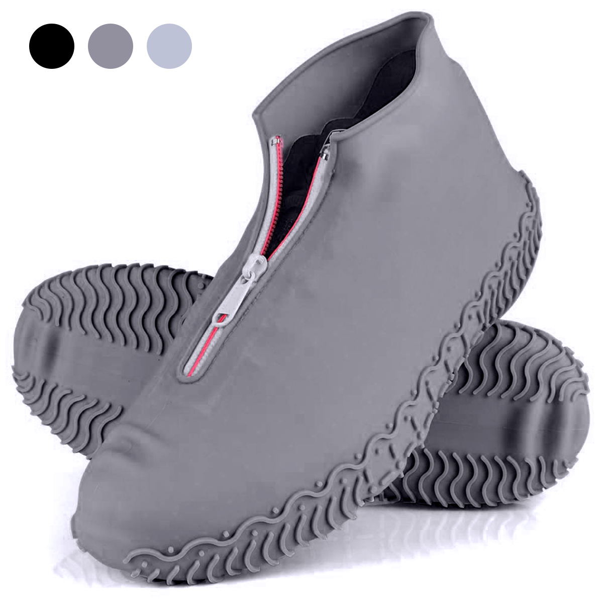 1 par vandtætte skoovertræk, der kan genanvendes foldbart skridsikkert silikone regnskodæksler med lynlås til udendørs aktiviteter: Grå / L