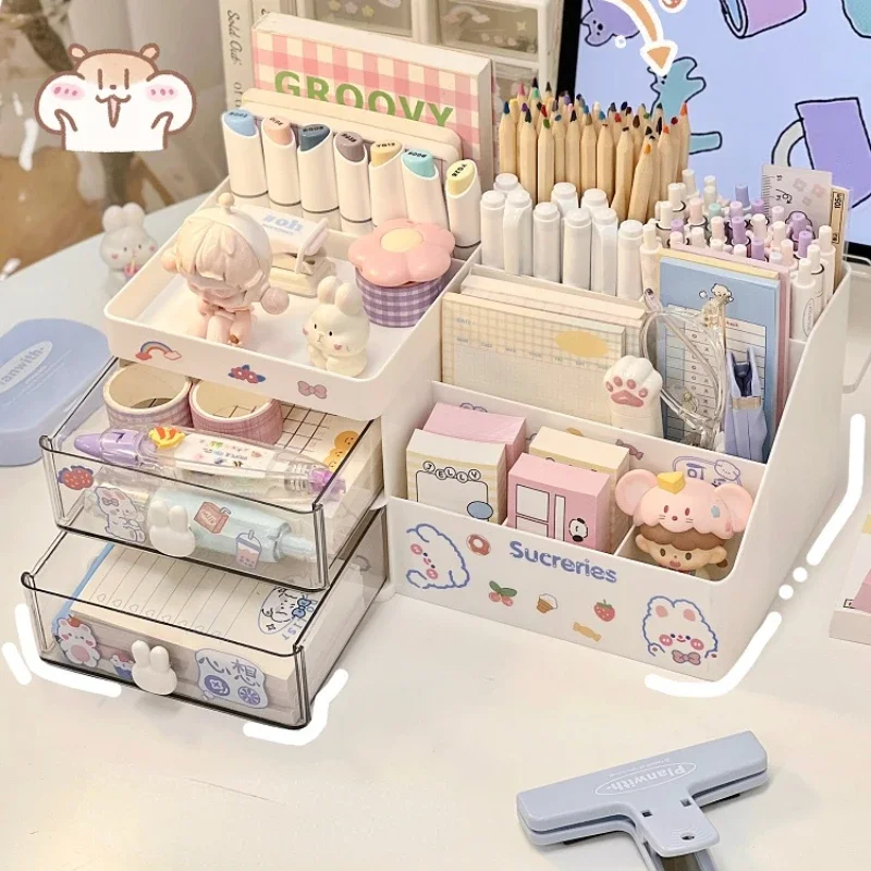 Caja de almacenamiento de cosméticos de escritorio, cajón organizador, estante de almacenamiento de oficina, papelería, portalápices de escritorio, organizador de cajón de conejito, bonito Kawaii