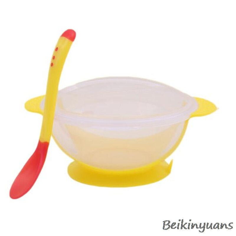 Bol à ventouse antidérapant pour enfants, cuillère à induction de température, fourchette pour enfants, formation, vaisselle antidérapante: Yellow spoon bowl