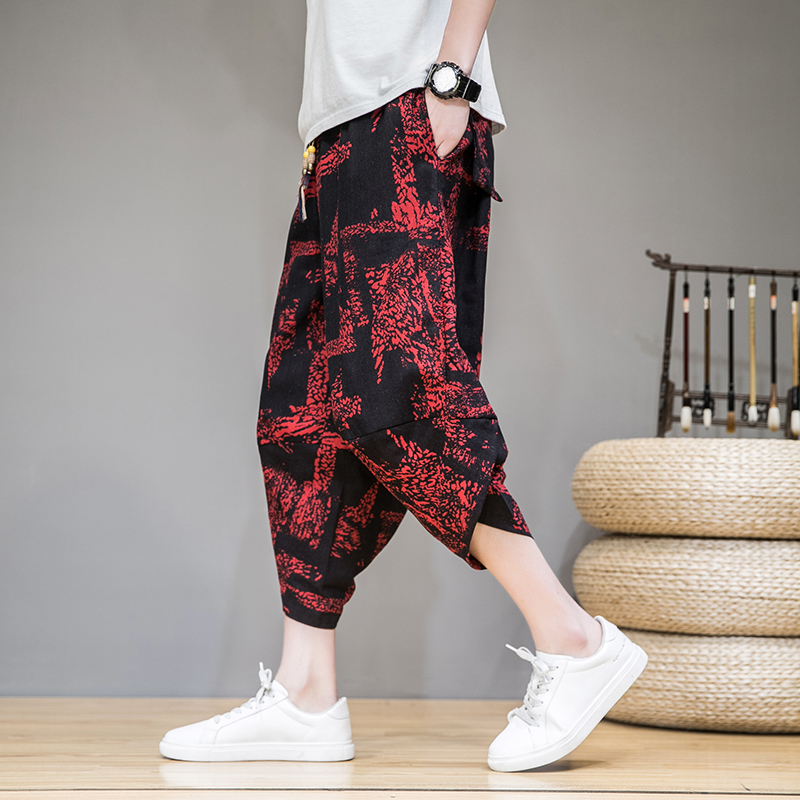 Mannen Broek Mannen Brede Kruis Harembroek Losse Grote Cropped Broek Wijdbeens Bloeiers Koreaanse Stijl Gedrukt Baggy streetwear