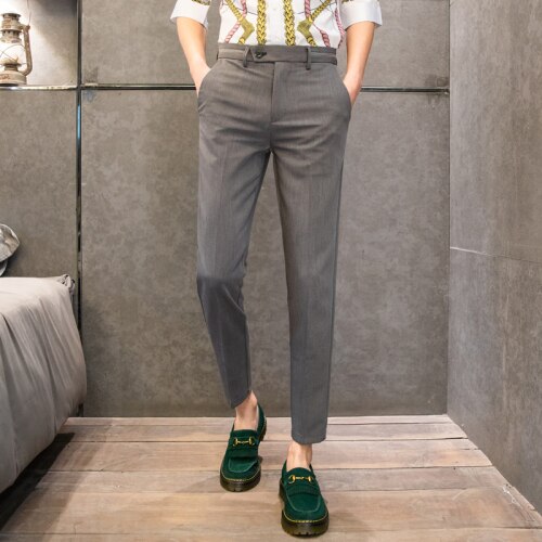 Britisk stil herre grå kjole bukser herre forretningsdress bukse casual slim fit herre dress bukser pantalon kostyme sommer: Mørkegrå / 32