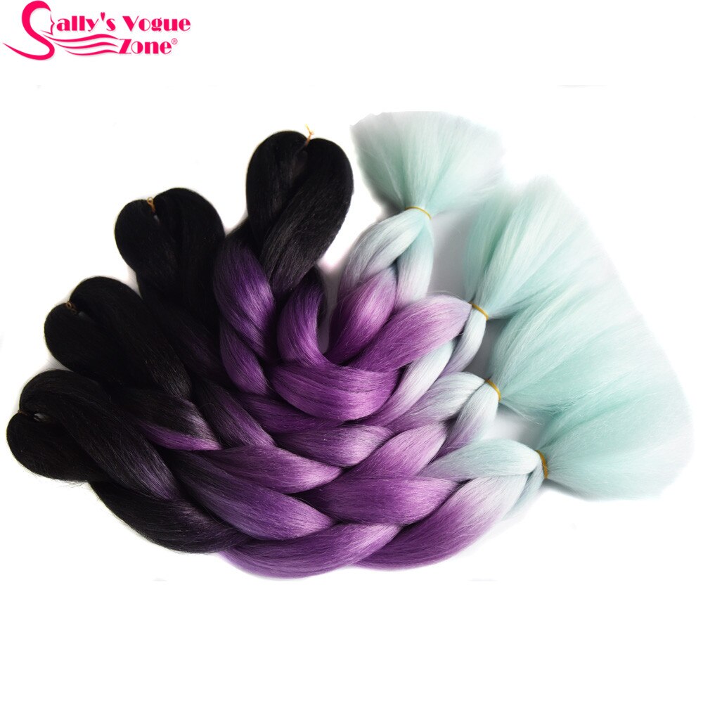 Sallyhair 24inch Ombre 3 Tone Black Purple Silver Grey Color Synthetic Braiding Hair Extension Colored Bulk Hair
