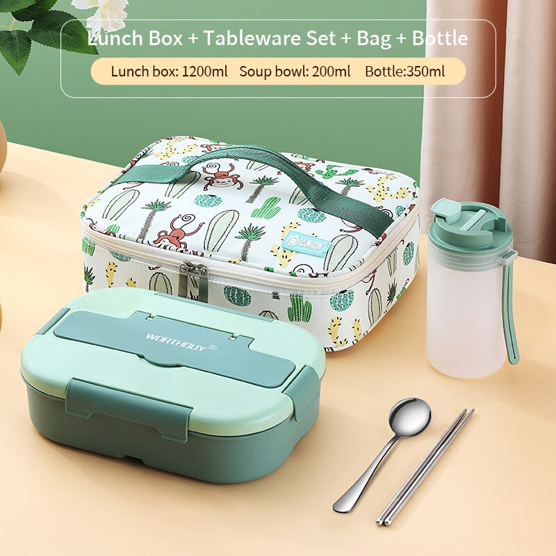 WORTHBUY Microwave Lunch Box For Kids School Plastic Food Container Leak-Proof Bento Lunch Box With Compartment Lunch Container: A Green Set