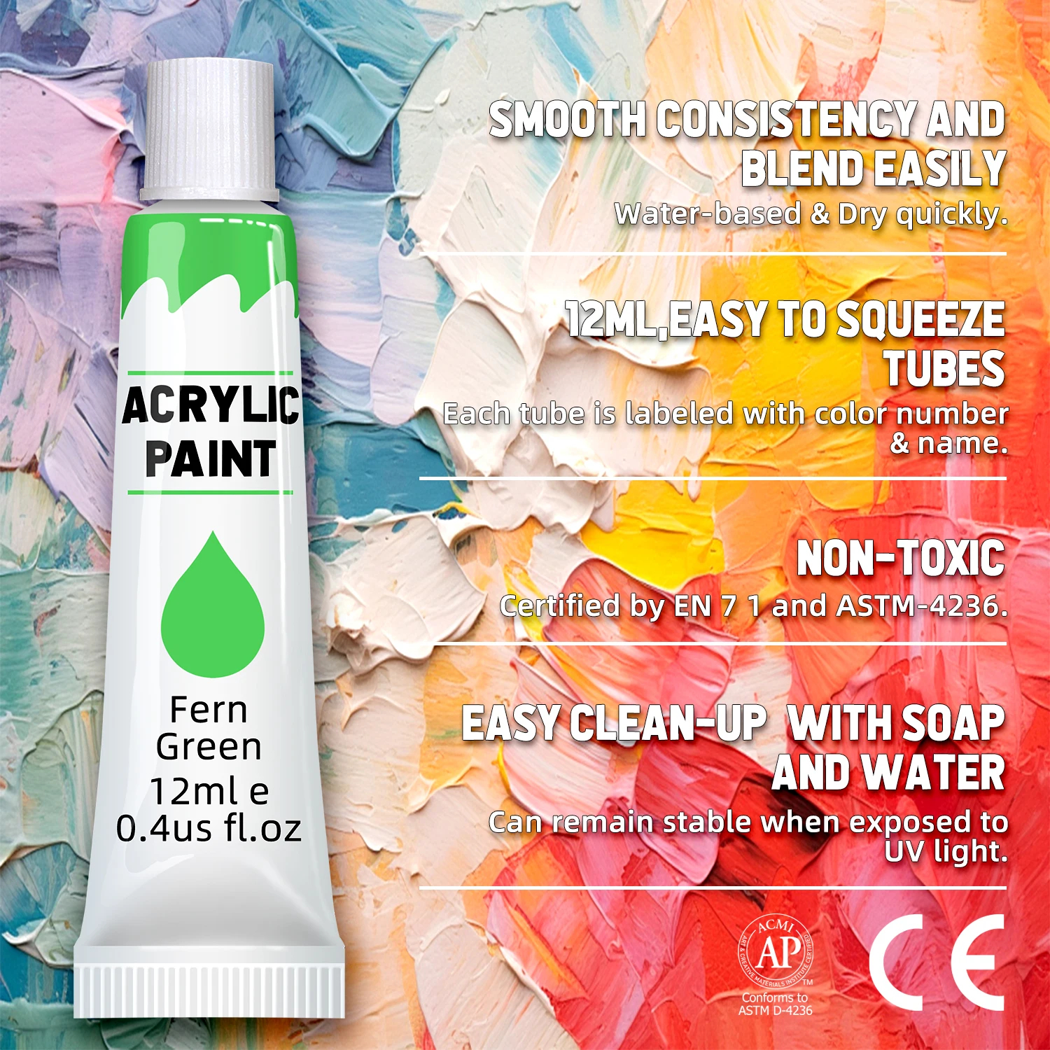 Acrylfarben-Set – 12/24 Farben, 12 ml, Kunst-Malset, Zubehör für Holz, Leinwand, Stoff, Stein, Glas – ungiftige Acrylfarbe