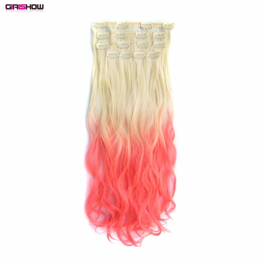 Girlshow Clip in op synthetische Dip dye Hair Extensions 7 stks/set 22 "lange golvend warmtebestendigheid fiber ombre Haar MS-888, 90 g/set