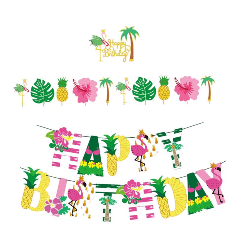 1 Set of Hawaii Aloha Happy Birthday Banner Flamingo Birthday Banner Cake Toppers Card Hawaiian Themed Party Decorated