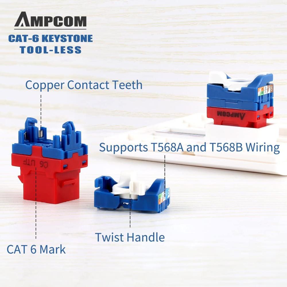 AMPCOM 10-Pack CAT6 RJ45 Tool-Less Keystone Jack, No Punch Down Tool Required UTP Module Connector Red