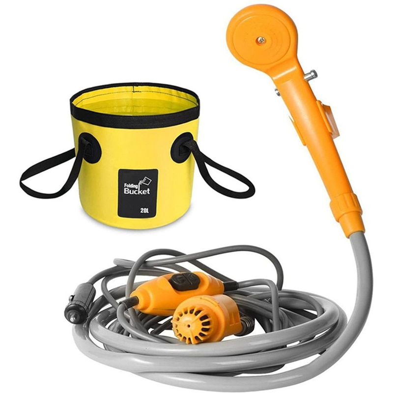 AU05 -12V Portable Car Washer Camping Shower High Pressure Car Shower Set Electric Pump Sprayer with Folding Bucket: Yellow