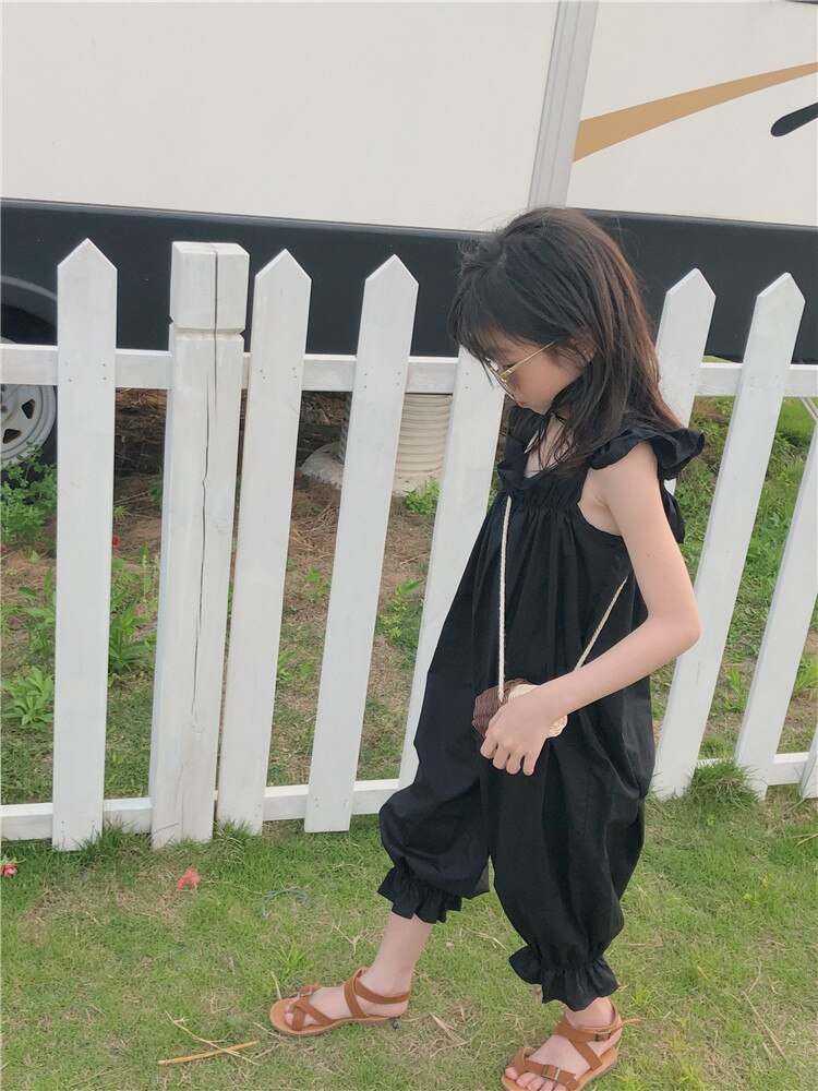 summer black overalls girls ruffles jumpsuits children sleeveless jumpsuits 2-10Y ws1688