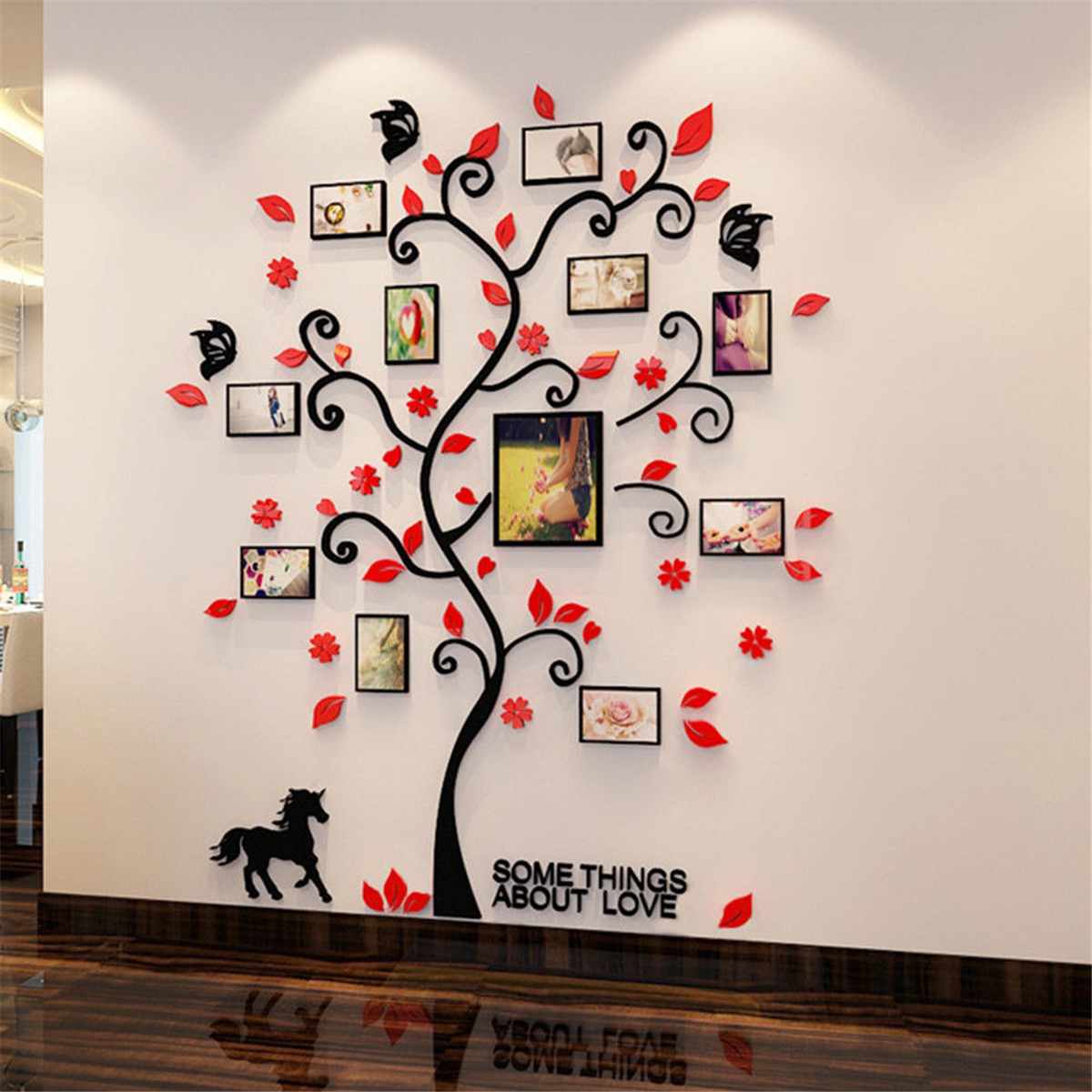 Family Photo Frame Tree Wall Sticker 3D DIY Acrylic Art Picture Frame Wall Decals Poster Living Room Wall Home Decor: Red / 132x160cm