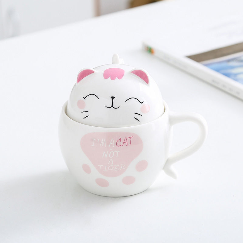 Cartoon Cat Bowl Ceramic Bowl Large Capacity Soup Bowl Kitchen Tableware Salad Bowl Ramen Noodle Bowl With Lid Spoon Fruit Bowl: White 400ml